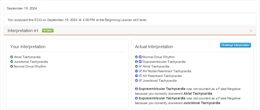 Beginner-level results for the example differential diagnosis.