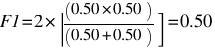 F1 = 2 * [(0.50 * 0.50) / (0.50 + 0.50)] = 0.50